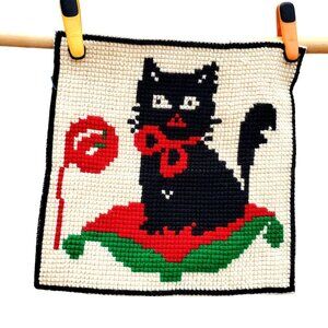 Vintage Gobelin Needlepoint Black Cat Kitten 14x14 Completed Canvas L 01.44